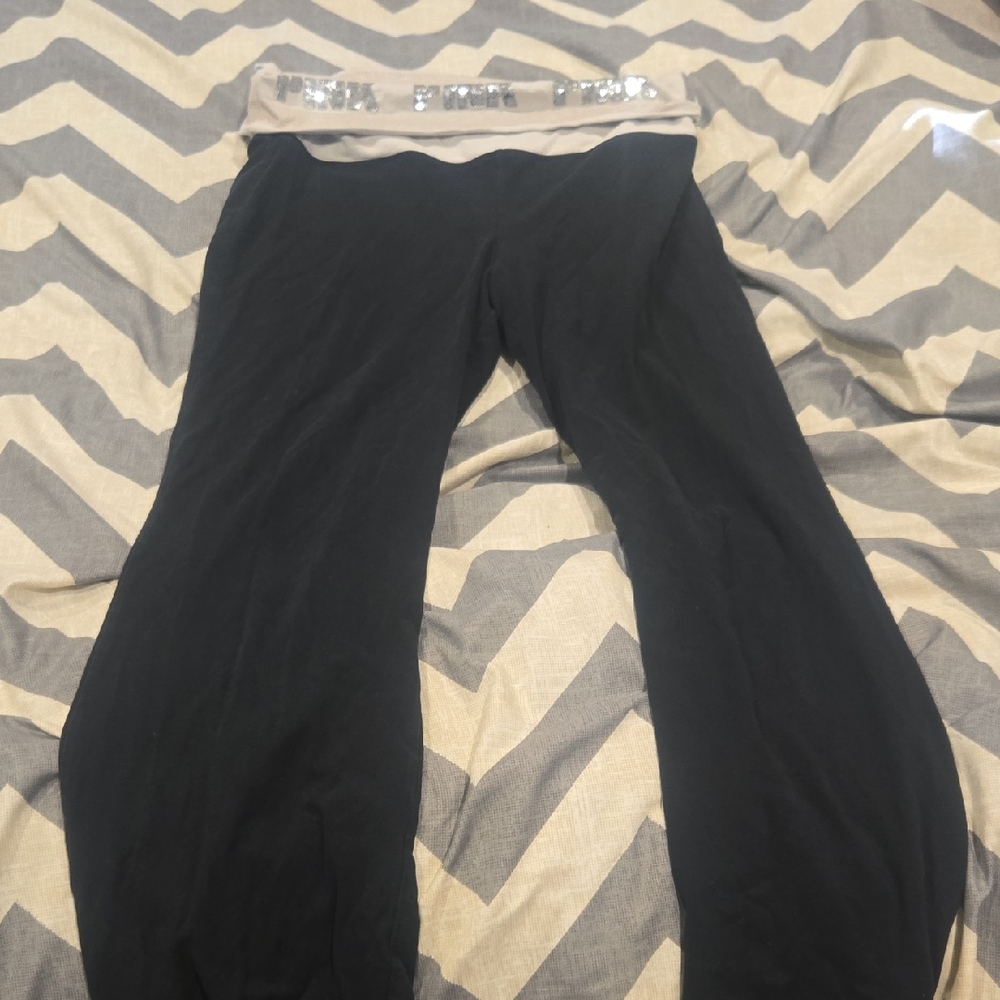 PINK Victoria's Secret Black Yoga Pants with Sequin Foldover Waistband